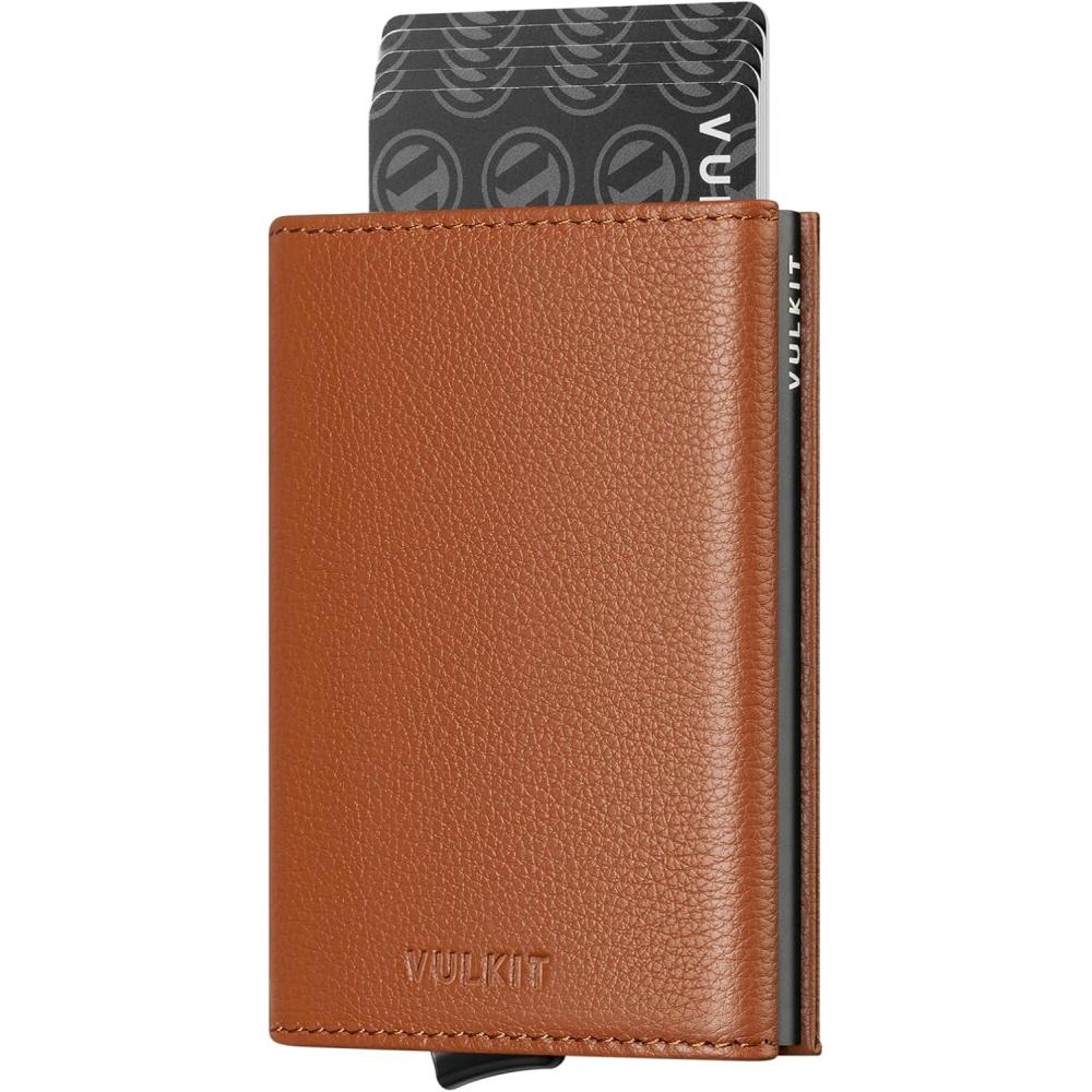 image:imageVULKIT Pop up Card Wallet Minimalist Cash Wallets RFID Blocking Leather Smart Credit Card Holder with ID window for MenTopGrain Cowhide Litchi Brown