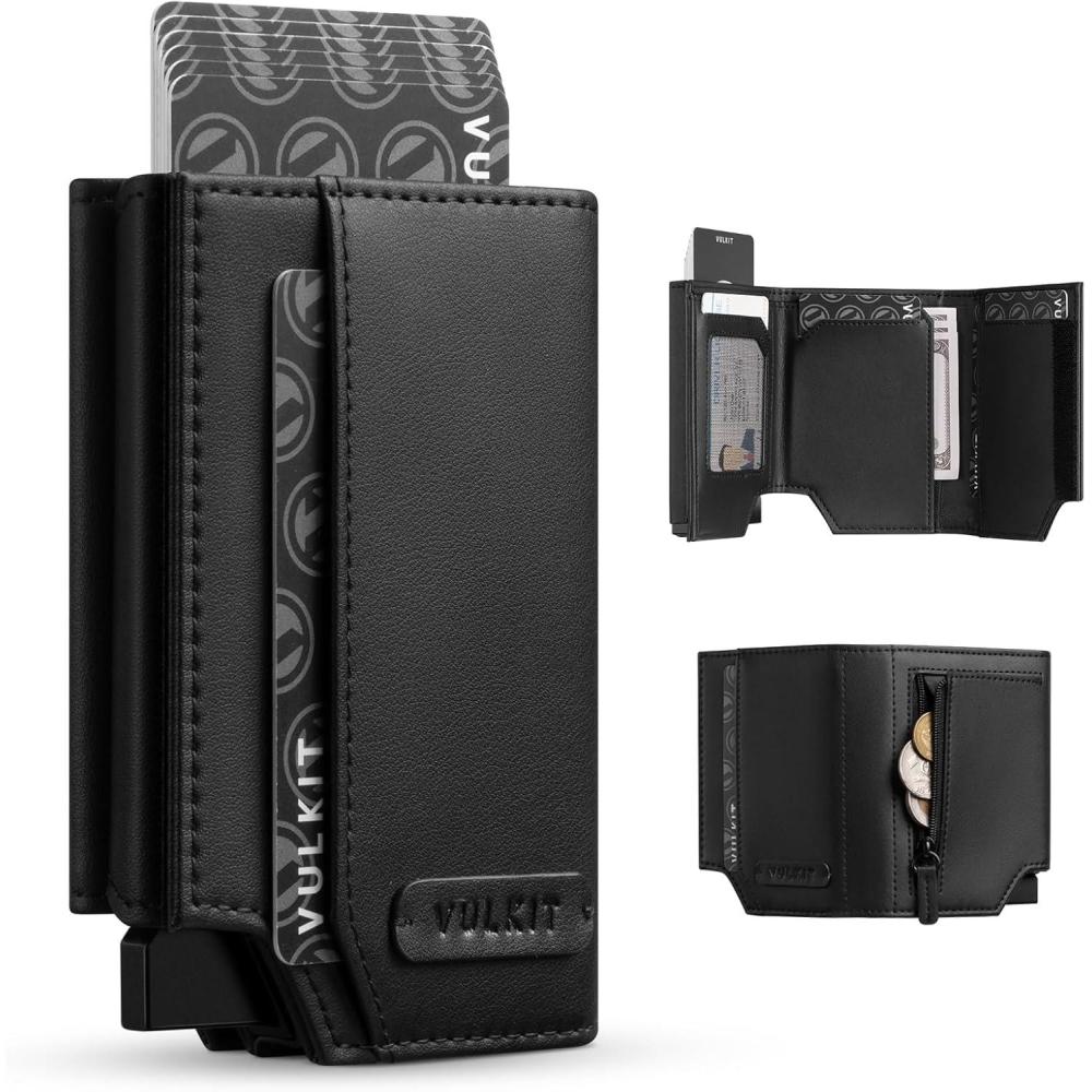image:imageVULKIT Smart Wallet for Men RFID Blocking with PopUp Credit Card Ejector Case ID Window CashBills Compartment and Coin Pocket Giftbox Packed Black Oxford FabricBlack Nappa Leather