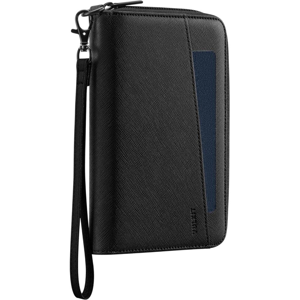 image:imageVULKIT Travel Passport Wallet RFID Blocking with Wrist Strap Family Document Organizer 6 Credit Card Slots 2 Interior 2 Exterior Passport Slots 2 ID Windows Zipper Closure BrownBlack