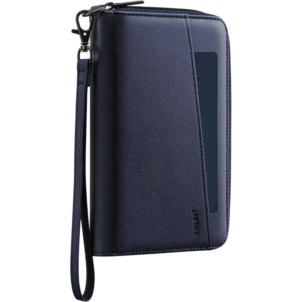 image:imageVULKIT Travel Passport Wallet RFID Blocking with Wrist Strap Family Document Organizer 6 Credit Card Slots 2 Interior 2 Exterior Passport Slots 2 ID Windows Zipper Closure BrownDark Blue
