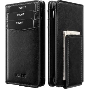 VULKIT Bifold Slim Wallet for Men RFID Blocking, Leather Front Pocket Wallet Holds 11 Cards with Magnetic Money Clip, Magnetic Closure, Brown(Black)