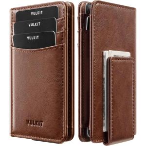 VULKIT Bifold Slim Wallet for Men RFID Blocking, Leather Front Pocket Wallet Holds 11 Cards with Magnetic Money Clip, Magnetic Closure, Brown(Brown)