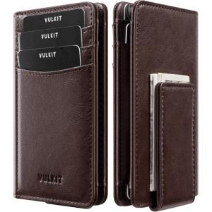 VULKIT Bifold Slim Wallet for Men RFID Blocking, Leather Front Pocket Wallet Holds 11 Cards with Magnetic Money Clip, Magnetic Closure, Brown(Coffee Brown)
