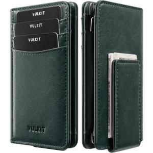 VULKIT Bifold Slim Wallet for Men RFID Blocking, Leather Front Pocket Wallet Holds 11 Cards with Magnetic Money Clip, Magnetic Closure, Brown(Green)