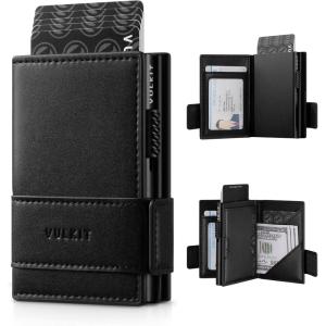 VULKIT Card Holder Bifold Pop Up Leather Wallet for Men RFID Blocking Metal Card Case, Holds 9 Cards and Banknotes Espresso(Black)