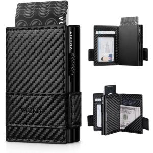 VULKIT Card Holder Bifold Pop Up Leather Wallet for Men RFID Blocking Metal Card Case, Holds 9 Cards and Banknotes Espresso(Carbon Fiber Black)