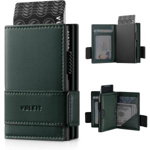 VULKIT Card Holder Bifold Pop Up Leather Wallet for Men RFID Blocking Metal Card Case, Holds 9 Cards and Banknotes Espresso(Green)
