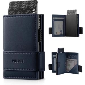 VULKIT Card Holder Bifold Pop Up Leather Wallet for Men RFID Blocking Metal Card Case, Holds 9 Cards and Banknotes Espresso(Navy)