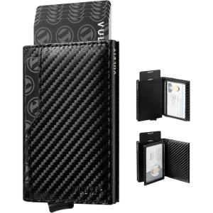 VULKIT Card Holder Wallet with Double ID Windows RFID Blocking Pop Up Wallet Minimalist Design for 12 Cards(CF Black)