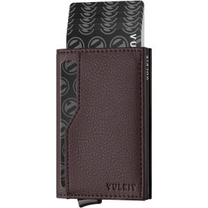 VULKIT Card Holder Wallet with Double ID Windows RFID Blocking Pop Up Wallet Minimalist Design for 12 Cards(Dark Brown)