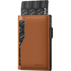 VULKIT Card Holder Wallet with Double ID Windows RFID Blocking Pop Up Wallet Minimalist Design for 12 Cards(Top Grain Cowhide – Brown)