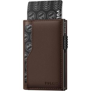 VULKIT Card Holder Wallet with Double ID Windows RFID Blocking Pop Up Wallet Minimalist Design for 12 Cards(Top Grain Cowhide – Espresso)