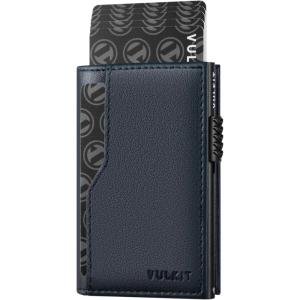 VULKIT Card Holder Wallet with Double ID Windows RFID Blocking Pop Up Wallet Minimalist Design for 12 Cards(Top Grain Cowhide – Navy)