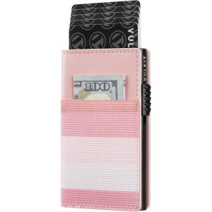 VULKIT Card Holder for Men or Women Slim Card Wallet Minimalist Bifold Credit Card Holder RFID Blocking Pop Up Metal Card Case Magnetic Closure, Stripe Blue(Stripe Pink)