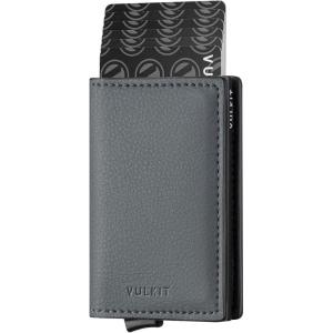 VULKIT Credit Card Holder RFID Blocking Leather Automatic Pop Up Wallet Aluminum Slim Pocket Business Card Case(iron grey)