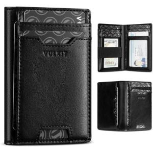 VULKIT Credit Card Holder RFID Blocking Slim Leather Front Pocket Mens Wallet Bank Card Holder Quick Access with 10 Slot and Money Band for Bills or Receipt, Palm-Size Wallet, Black, 10.9 x 7.3 x 1.6(Black)