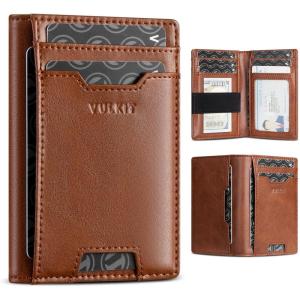 VULKIT Credit Card Holder RFID Blocking Slim Leather Front Pocket Mens Wallet Bank Card Holder Quick Access with 10 Slot and Money Band for Bills or Receipt, Palm-Size Wallet, Black, 10.9 x 7.3 x 1.6(Brown)