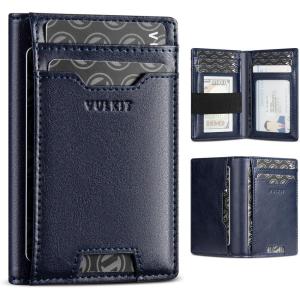 VULKIT Credit Card Holder RFID Blocking Slim Leather Front Pocket Mens Wallet Bank Card Holder Quick Access with 10 Slot and Money Band for Bills or Receipt, Palm-Size Wallet, Black, 10.9 x 7.3 x 1.6(Navy)