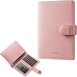 VULKIT Leather Passport Wallet for 2 Passports Slim Double Passport Holder RFID Blocking Passport Travel Wallet with ID Window for Women(Seashell-Pink)