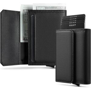 VULKIT Mens Leather Pop Up Wallet RFID Blocking with ID Window and Cash/Bills Slot, Gift Box Packed, Brown(Black)