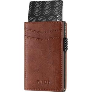 VULKIT Men’s Slim Wallets Pop Up Card Holder RFID Blocking Metal Wallet Minimalist Design Holds Up to 11 Cards(Caramel)