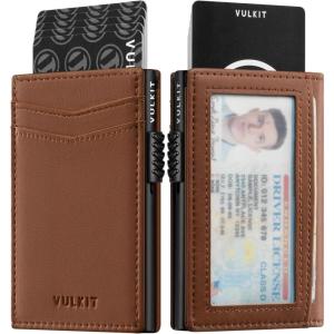 VULKIT Men’s Slim Wallets Pop Up Card Holder RFID Blocking Metal Wallet Minimalist Design Holds Up to 11 Cards(G2-Premium Brown (Magnetic Closure))