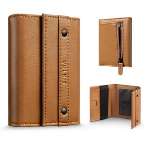 VULKIT Mens Wallet RFID Blocking Leather Compact Trifold with Zippered Coin Pocket, ID Window and Business Card Holder Green(Brown)