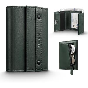 VULKIT Mens Wallet RFID Blocking Leather Compact Trifold with Zippered Coin Pocket, ID Window and Business Card Holder Green(Green)
