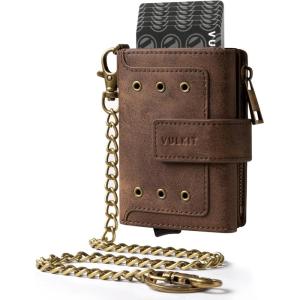 VULKIT Mens Wallet RFID Protected with Chain, POP UP Credit Card Ejector Case, ID Window, Zipper Pocket for Coins and Compartment for Bills/Banknotes, Carbon Black(Coffee Brown)