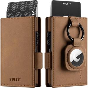 VULKIT Mens Wallet with Key Ring & Airtag Holder Leather Pop Up Card Holder RFID Blocking Keychain Wallet Cash Compartment(Amber Brown)