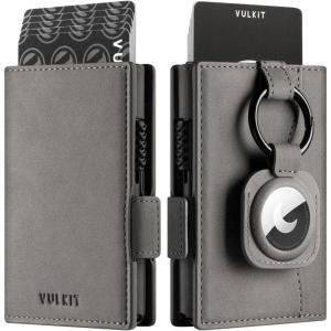 VULKIT Mens Wallet with Key Ring & Airtag Holder Leather Pop Up Card Holder RFID Blocking Keychain Wallet Cash Compartment(Grey)