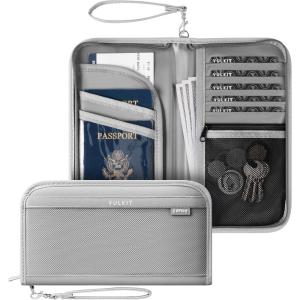 VULKIT Passport Wallet Passport Family Holder RFID Blocking Travel Card Organizer with Wrist Strap for Men or Women(Green)(Grey)