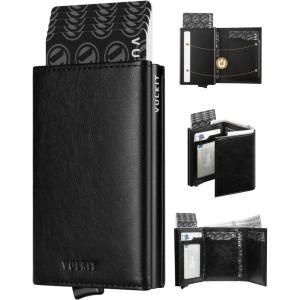 VULKIT Pop up Card Wallet Minimalist Cash Wallets RFID Blocking Leather Smart Credit Card Holder with ID window for Men(Black)
