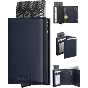 VULKIT Pop up Card Wallet Minimalist Cash Wallets RFID Blocking Leather Smart Credit Card Holder with ID window for Men(Top-Grain Cowhide Blue)