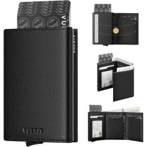 VULKIT Pop up Card Wallet Minimalist Cash Wallets RFID Blocking Leather Smart Credit Card Holder with ID window for Men(Top-Grain Cowhide Litchi Black)
