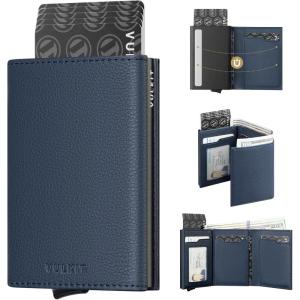 VULKIT Pop up Card Wallet Minimalist Cash Wallets RFID Blocking Leather Smart Credit Card Holder with ID window for Men(Top-Grain Cowhide Litchi Navy)