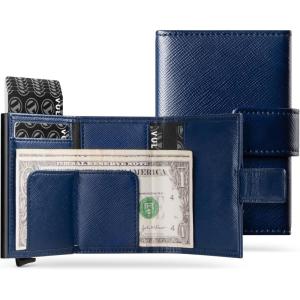 VULKIT RFID Card Wallet for Men, Slim Compact Men’s Wallet, Leather RFID Blocking Credit Card Holder Wallet, Trifold Thin Metal Security Pop Up Wallet, Gift Box Packing(Navy)