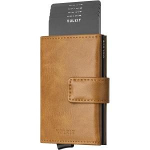 VULKIT RFID Card Wallet for Men, Slim Compact Men’s Wallet, Leather RFID Blocking Credit Card Holder Wallet, Trifold Thin Metal Security Pop Up Wallet, Gift Box Packing(Tan)