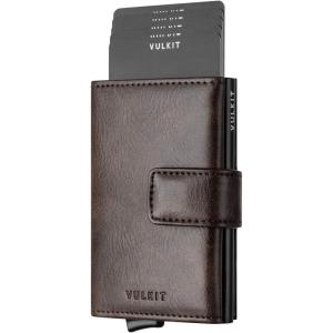 VULKIT RFID Card Wallet for Men, Slim Compact Men’s Wallet, Leather RFID Blocking Credit Card Holder Wallet, Trifold Thin Metal Security Pop Up Wallet, Gift Box Packing(Espresso)