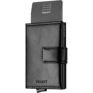 VULKIT RFID Card Wallet for Men, Slim Compact Men’s Wallet, Leather RFID Blocking Credit Card Holder Wallet, Trifold Thin Metal Security Pop Up Wallet, Gift Box Packing(Black)