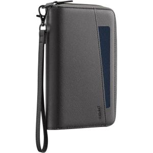 VULKIT Travel Passport Wallet RFID Blocking with Wrist Strap, Family Document Organizer – 6 Credit Card Slots, 2 Interior + 2 Exterior Passport Slots, 2 ID Windows, Zipper Closure, Brown(Grey)