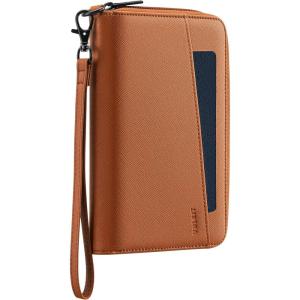 VULKIT Travel Passport Wallet RFID Blocking with Wrist Strap, Family Document Organizer – 6 Credit Card Slots, 2 Interior + 2 Exterior Passport Slots, 2 ID Windows, Zipper Closure, Brown(Brown)