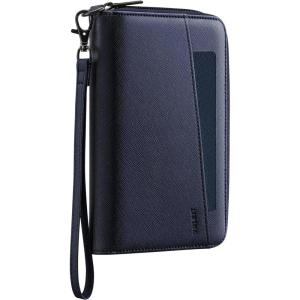 VULKIT Travel Passport Wallet RFID Blocking with Wrist Strap, Family Document Organizer – 6 Credit Card Slots, 2 Interior + 2 Exterior Passport Slots, 2 ID Windows, Zipper Closure, Brown(Dark Blue)