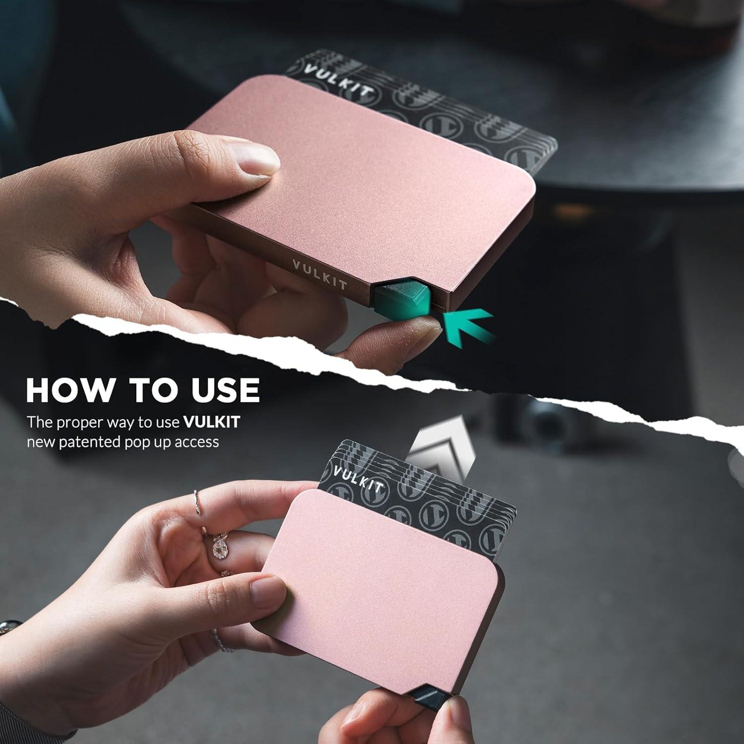 image:imageVULKIT Aluminum Card Holder Pop up RFID Blocking Slim Wallet for Men and Women Holds 5 Cards Minimalist Metal Card Case WineRoseGold