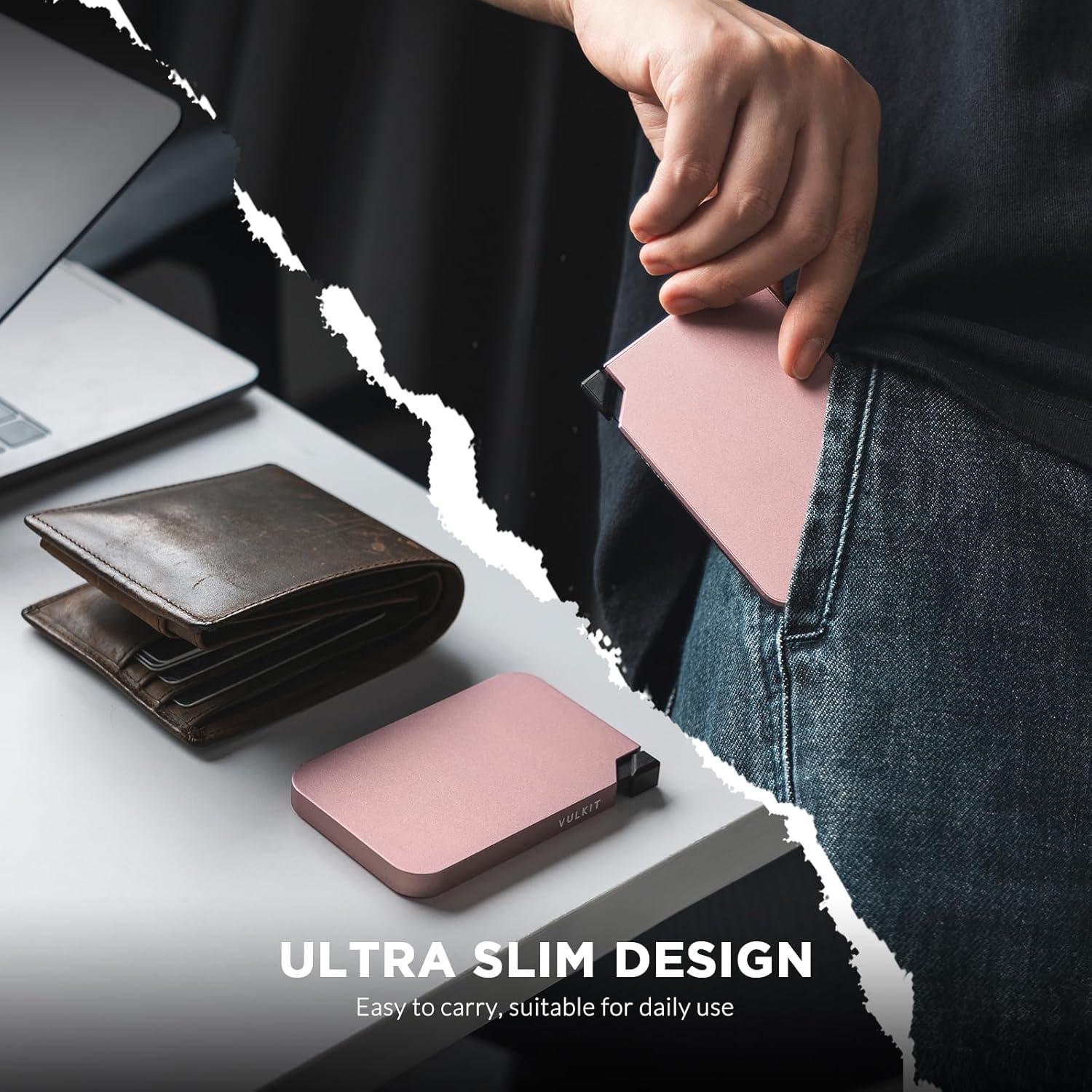 image:imageVULKIT Aluminum Card Holder Pop up RFID Blocking Slim Wallet for Men and Women Holds 5 Cards Minimalist Metal Card Case WineRoseGold