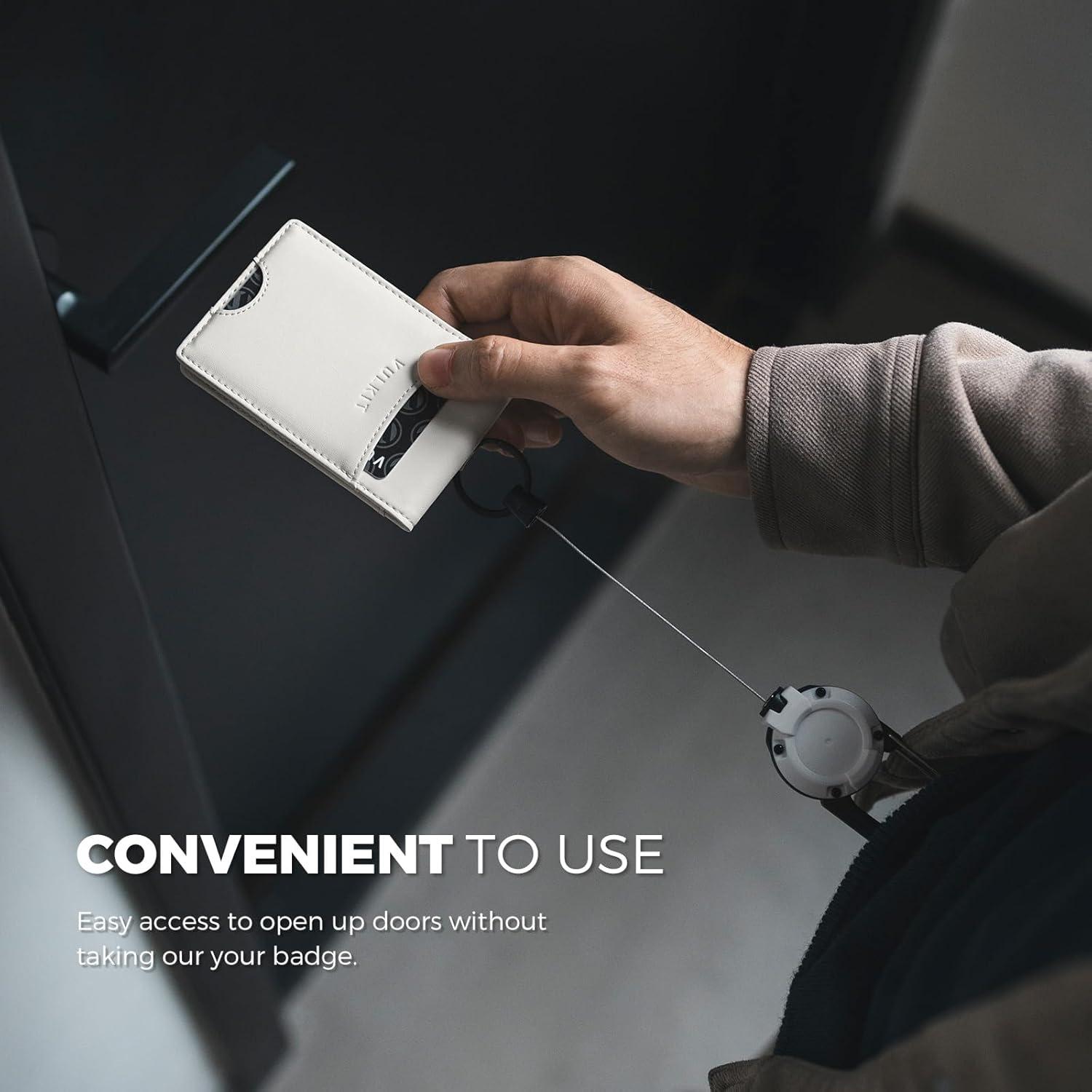 image:imageVULKIT Badge Holder Retractable Clip Leather Bifold Double ID Card Holder Retractable Keychain Carabiner Holds 5 Cards Keys BlackWhite