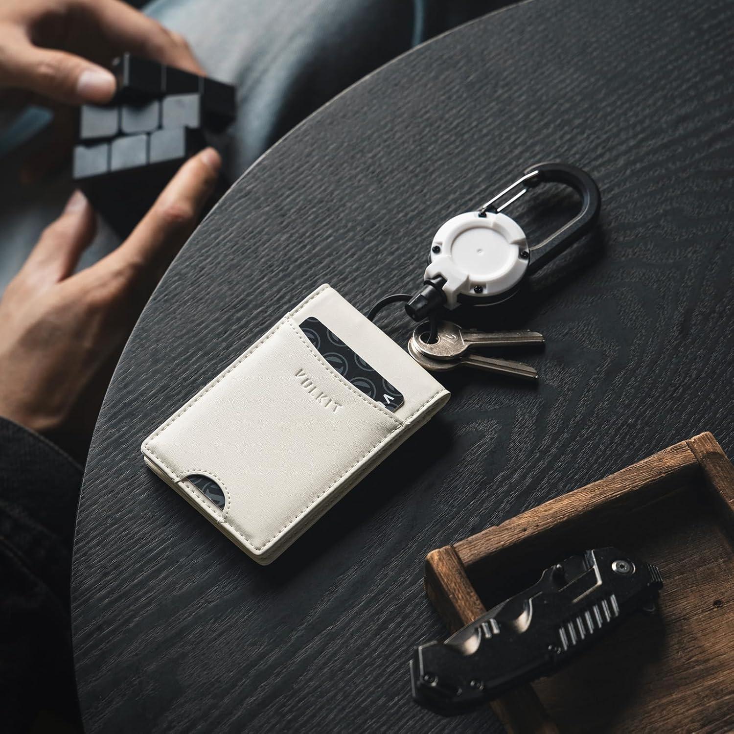 image:imageVULKIT Badge Holder Retractable Clip Leather Bifold Double ID Card Holder Retractable Keychain Carabiner Holds 5 Cards Keys BlackWhite