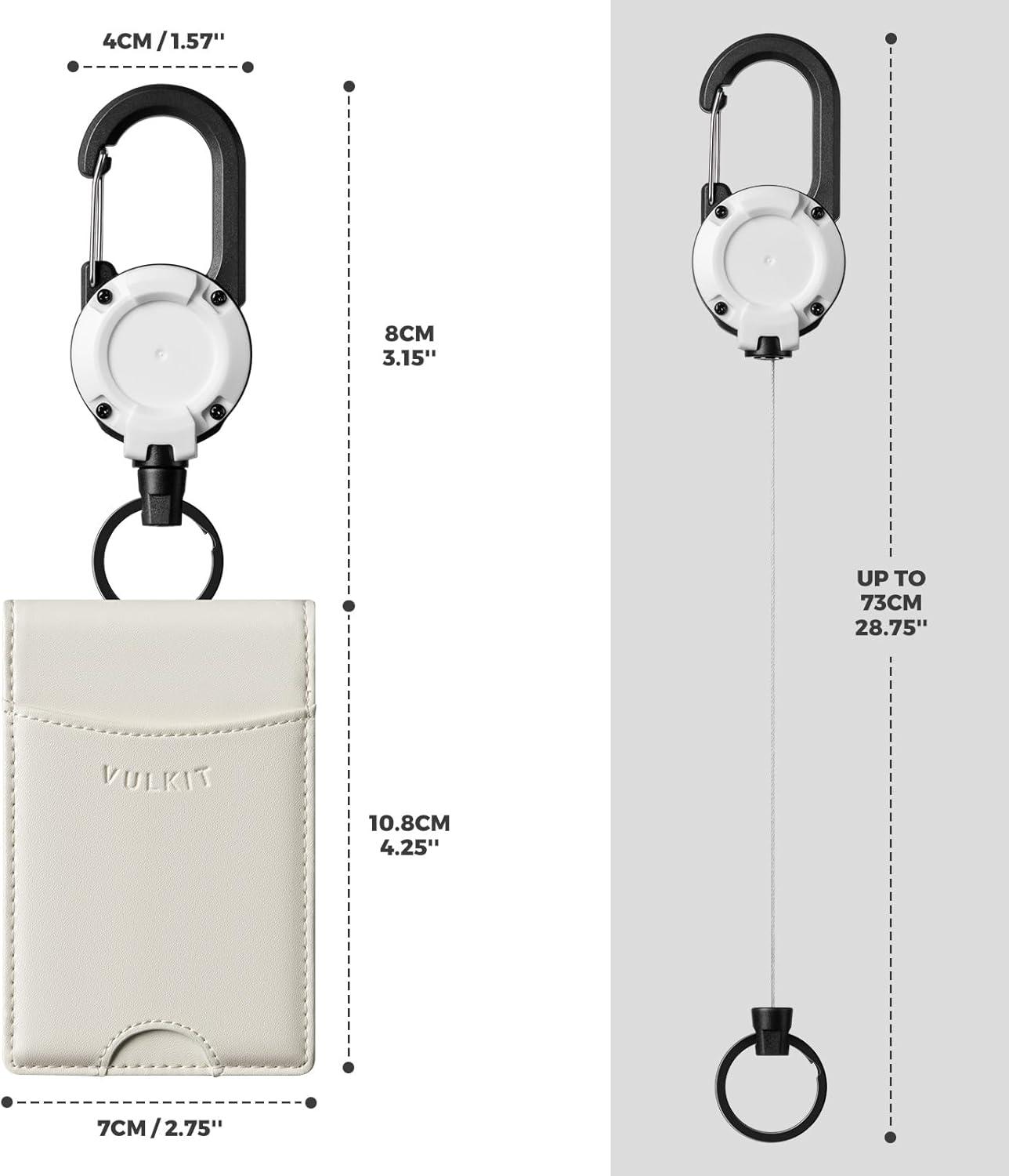image:imageVULKIT Badge Holder Retractable Clip Leather Bifold Double ID Card Holder Retractable Keychain Carabiner Holds 5 Cards Keys BlackWhite