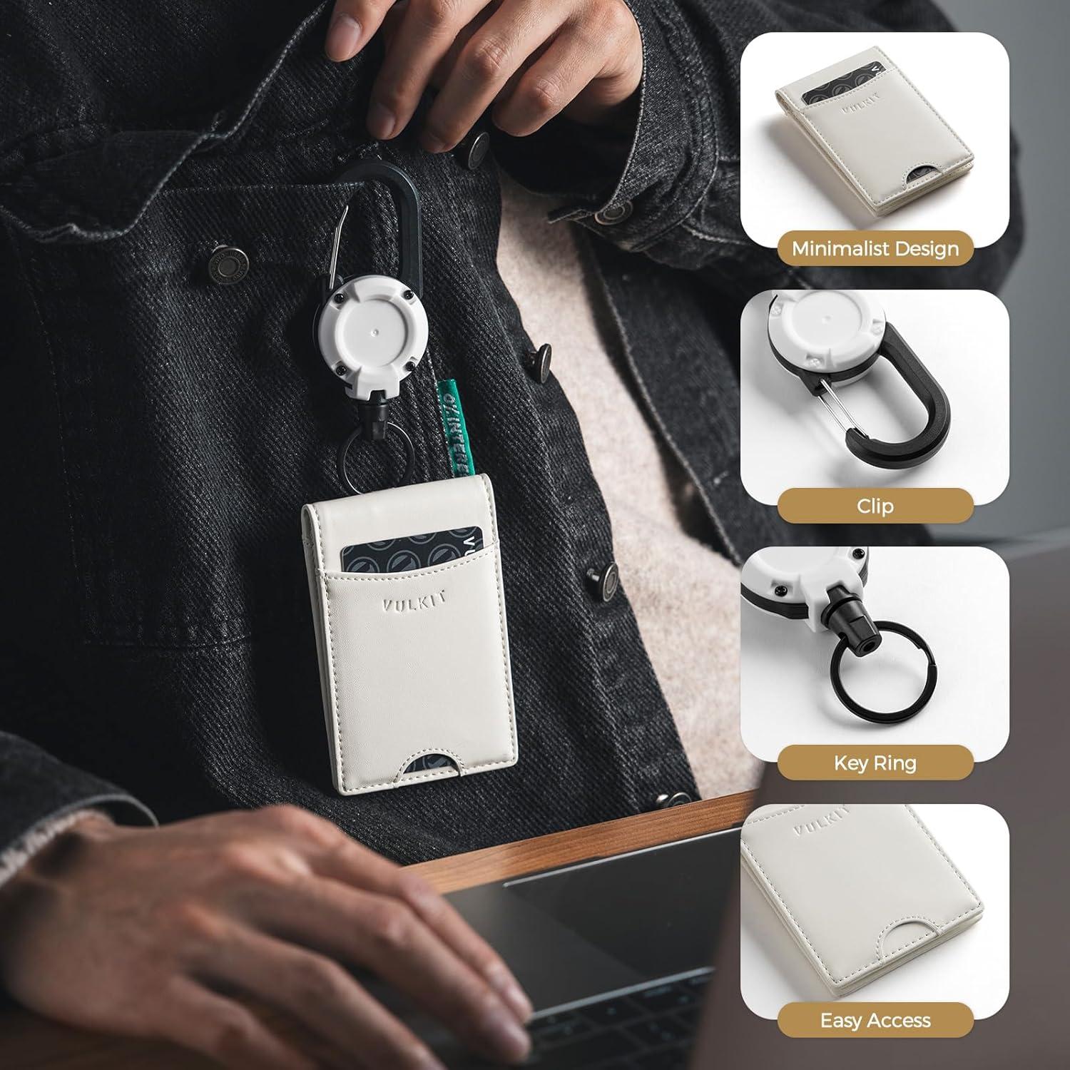 image:imageVULKIT Badge Holder Retractable Clip Leather Bifold Double ID Card Holder Retractable Keychain Carabiner Holds 5 Cards Keys BlackWhite