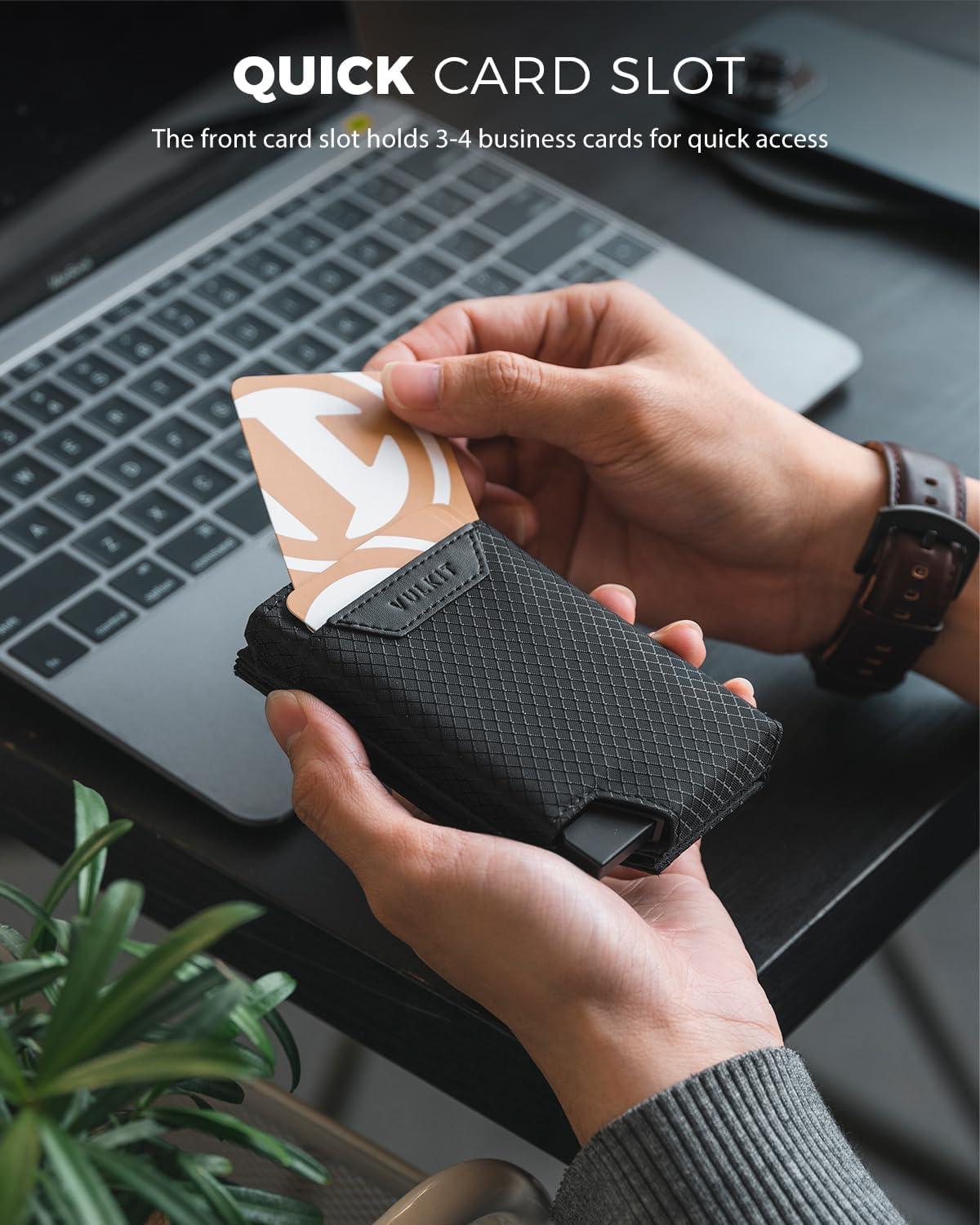 image:imageVULKIT Bifold Pop up Card Holder with Money Compartment Business Card Case Minimalist Front Pocket Wallet for Men GreenBlack